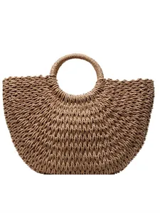 Grand sac de plage en paille tressée marron naturel pour les vacances d'été