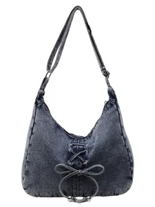 Sac hobo en denim bleu avec nœud et bandoulière réglable pour femmes élégantes