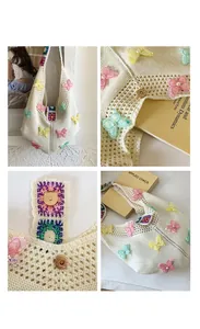 Detailansicht der cremefarbenen Stricktasche mit 3D-Schmetterlingen und Magnetverschluss