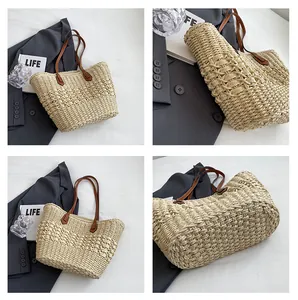 Macro shot of durable woven straw texture and premium brown leather handle on tote bag