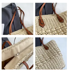 Detailed views of beige straw tote bag with brown leather handles and zipper texture