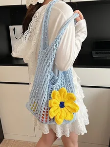 Bolso de Malla de Ganchillo para Mujer Girasol Grande Calado Bolso de Hombro Tejido Verano Playa Vacaciones Hecho a Mano Algodón Lino Bolso de Malla