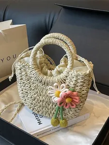 Women Korean Style Paper Straw Woven Beach Bag With 3D Daisy Flower Decoration Handwoven Semi-Round Crossbody Shoulder Bag Summer Vacation