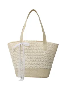 Summer lace woven straw beach tote bag for women with decorative bow and large capacity