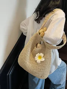 Large Capacity Women Straw Woven Tote Bag Summer Beach Vacation Handbag With Flower Decor Paper Rope Casual Shoulder Bag