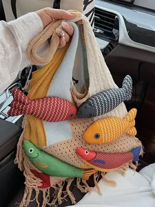 Bohemian large knit tote bag with colorful 3D fish charms and long tassels for beach