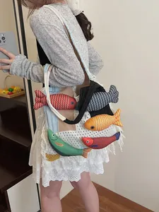 Bohemian knit tote bag with colorful 3D fish decor for beach and casual summer outings