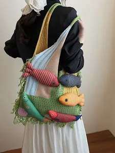 Bohemian large knit tote bag with 3D colorful fish charms and green fringe tassels