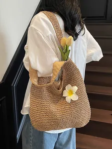 Large capacity straw tote bag for beach vacation with plumeria flower and wide straps