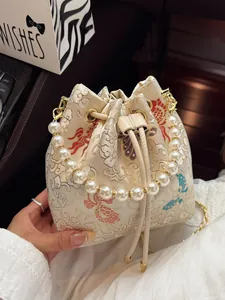 Women Chinese Style Embroidery Bucket Bag With Artificial Pearl Handle Butterfly Satin Jacquard Crossbody Bag For Party Elegant