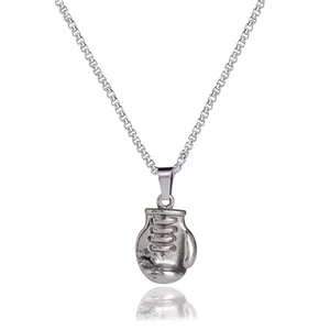 Collier pendentif gant de boxe vintage en acier inoxydable avec chaîne à mailles