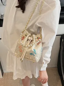 New Chinese style embroidered drawstring bucket bag with pearl handle and gold chain