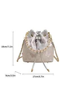 New Chinese style embroidered drawstring bucket bag with pearl handle and butterfly pattern