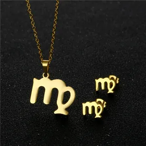 Set gioielli zodiaco Vergine con collana e orecchini a lobo dorati in acciaio inox