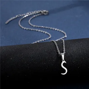 Macro detail of silver stainless steel S-letter pendant with lobster clasp and extension