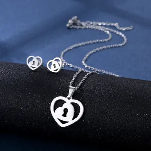 Minimalist 304 Stainless Steel Heart Lock Necklace Stud Earrings Set Silver Polished Hollow Keyhole Jewelry For Women