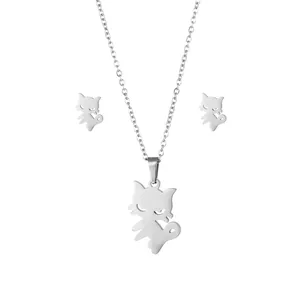 Minimalist kitten necklace and earring jewelry set with hollow cat charms in silver finish