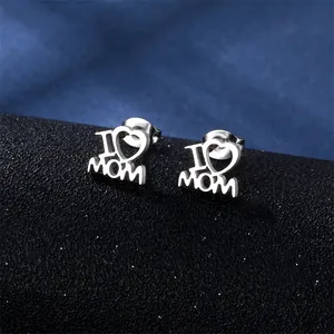 Minimalist I Love Mama silver stud earrings in polished stainless steel for women
