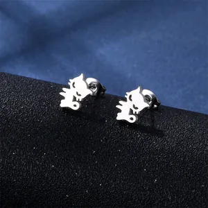 Minimalist silver cat-shaped stud earrings set with modern geometric animal design