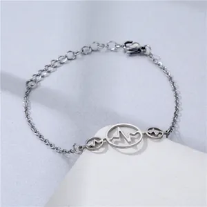 Modern silver heartbeat bracelet with EKG pulse design on minimalist chain link