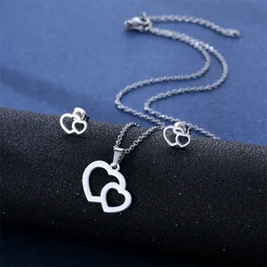 Minimalist hollow heart necklace and earrings set in polished stainless steel for women