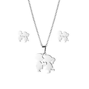 Stainless steel kissing couple necklace and earrings set with heart silhouette details