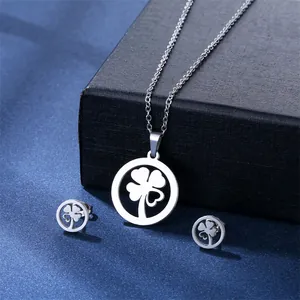 Polished stainless steel lucky four-leaf clover pendant necklace and stud earrings set