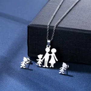 Polished stainless steel family jewelry set with necklace and stud earrings