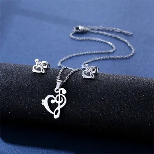 Silver stainless steel music note heart jewelry set with necklace and stud earrings