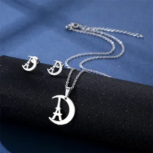 Silver stainless steel moon and Eiffel Tower necklace and earrings jewelry set for women