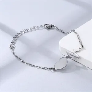 Silver stainless steel heartbeat bracelet with heart and EKG pulse wave for couples