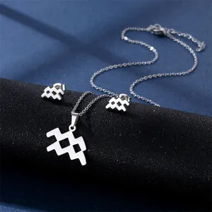 Macro shot of silver stainless steel Aquarius zodiac pendant and stud earrings set
