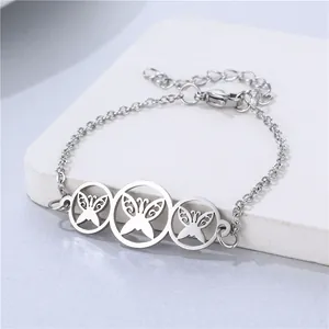 Stainless steel butterfly charm bracelet with hollow circular links and lobster clasp