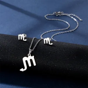 Detailed view of silver stainless steel Scorpio zodiac necklace and stud earrings set