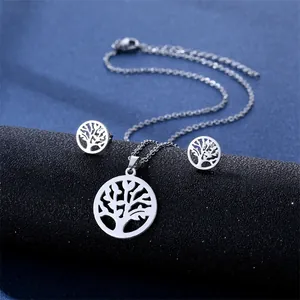 Polished stainless steel Tree of Life jewelry set including necklace and stud earrings