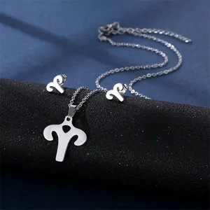 Detailed view of polished stainless steel Aries zodiac necklace and stud earrings set