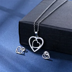 Polished stainless steel heart pendant necklace and stud earrings jewelry set for women
