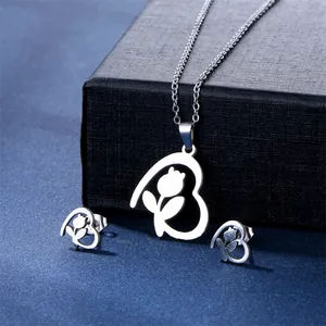 Minimalist stainless steel tulip heart necklace and stud earrings jewelry set in silver