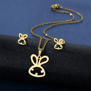 Chic gold-plated stainless steel jewelry set with hollow rabbit pendant and stud earrings