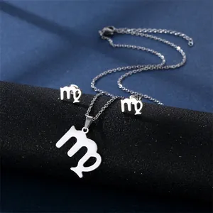Polished silver stainless steel Virgo zodiac pendant necklace and stud earrings set