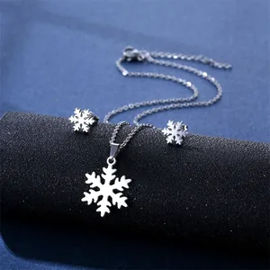 Silver snowflake necklace and earrings set on black display with cross chain design