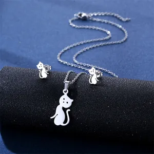 Stainless steel kitten necklace and stud earrings set with minimalist cat silhouettes