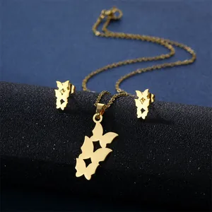 Elegant 18K gold-plated stainless steel jewelry set featuring triple butterfly pendants