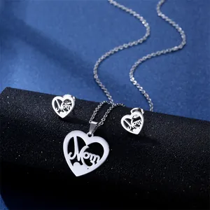 Silver stainless steel heart jewelry set with Mom engraving, necklace and earrings