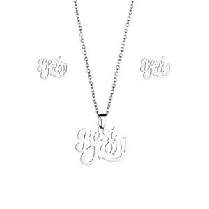 Silver stainless steel jewelry set with Best Mom pendant necklace and matching studs