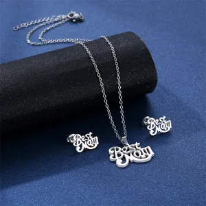 Silver stainless steel Best Mom necklace and earrings set displayed on a dark blue background