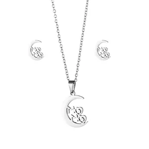 Polished silver stainless steel moon and heart jewelry set with MOM engraving