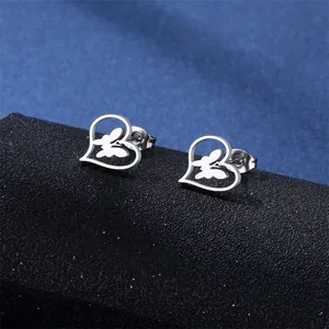 Pendientes de botón en acero inoxidable plateado con diseño de mariposa y corazón para mujer