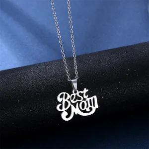 Polished stainless steel Best Mom pendant necklace for women on a dark premium display