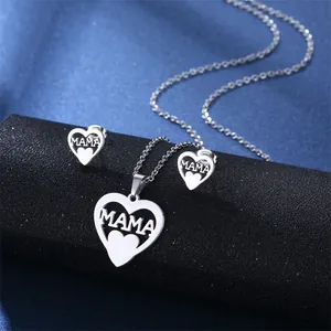 Stainless steel heart MAMA jewelry set with necklace and earrings on black stand